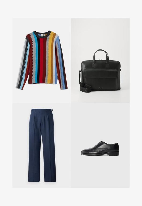 Suéter de punto con rayas verticales multicolores en rojo, azul, gris, amarillo y negro, con un ribete texturizado y un cuello redondo.; Pantalones ajustados azul marino, confeccionados en tela texturizada, con una cintura alta, pinzas y tirantes laterales ajustables para un mejor ajuste.; Zapato de vestir de cuero negro con punta redondeada, textura suave, diseño de cordones y un sutil detalle de costura, con un tacón bajo y plano.; Maletín de cuero negro con dos asas superiores, un bolsillo en la parte frontal y una correa desmontable, que presenta un sutil logotipo en la parte inferior.