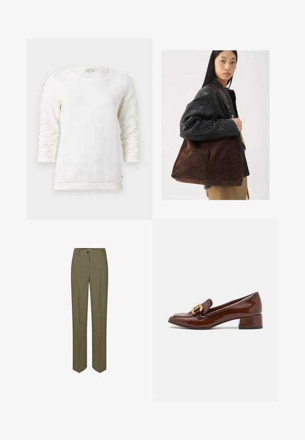 Felpa bianca a maniche lunghe con un motivo testurizzato, scollo tondo e polsini a costine. Tessuto morbido con una vestibilità rilassata.; Pantaloni olive verdi su misura con gamba dritta, chiusura a un bottone e due pieghe frontali, caratterizzati da una texture liscia e tessuta.; Mocassini in pelle marrone con finitura lucida, caratterizzati da una fibbia dorata decorativa sulla parte anteriore e un tacco basso a blocco. Design classico.; Borsa tote in suede marrone con forma ampia e texture morbida, caratterizzata da una strap singola e hardware minimale su uno sfondo neutro.
