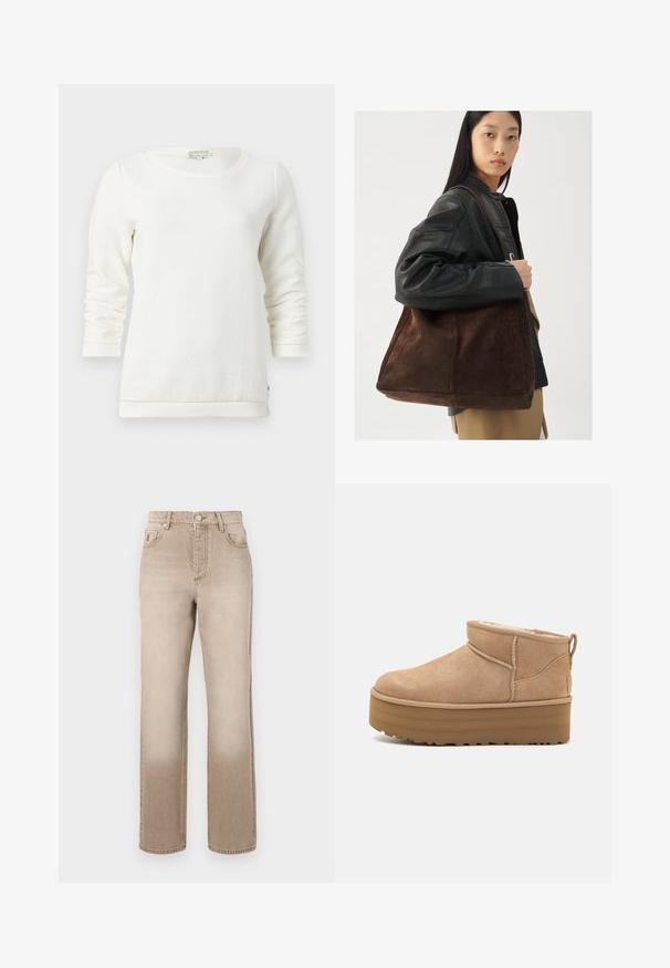 Hanorac alb cu mâneci lungi, cu un model texturat, guler rotund și manșete cu nervuri. Material moale cu o croială lejeră.; Jeans din denim bej cu un efect ușor decolorat, design cu picior drept, stil cu cinci buzunare și închidere cu un buton metalic la talie.; Botine din suede bej, cu interior moale, având o talpă pe platformă și un tab de tragere în spate pentru o purtare ușoară. Talpă exterioară din cauciuc texturat.; Geantă de umăr din suede maro, cu o formă largă și o textură moale, având o singură curea și hardware minim pe un fundal neutru.