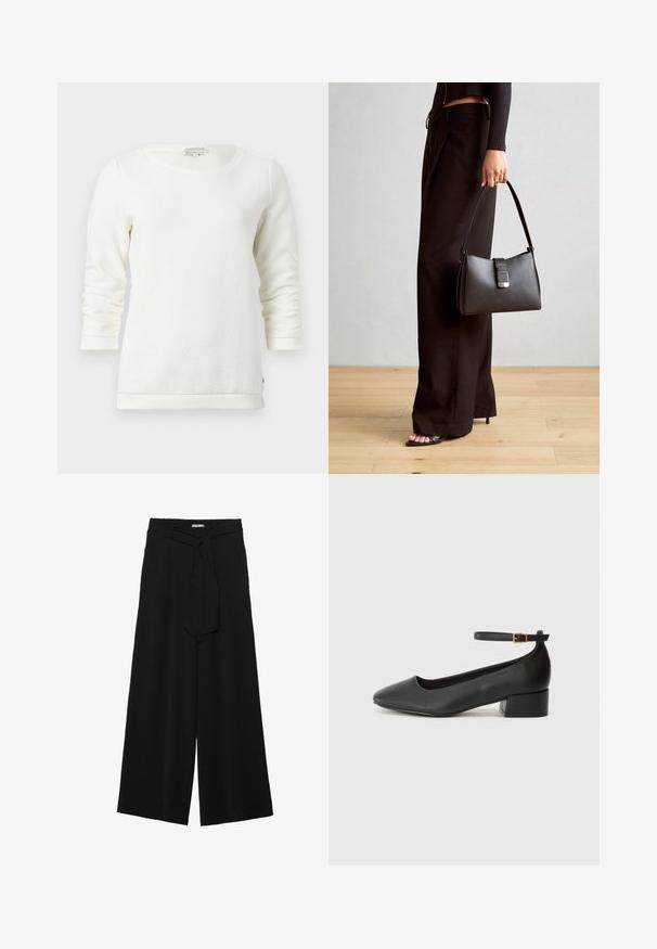 Bijela dukserica s dugim rukavima, teksturiranim uzorkom, okruglim izrezom i rebrastim manžetama. Mekana tkanina s ležernim krojem.; Crne široke hlače od teksturirane tkanine, s elastičnom pojasom i odvojivim remenom na struku za prilagodivo pristajanje.; Crne kožne pumpe s oštrim vrhom i niskom blok petom. Sadrže remen oko gležnja s zlatnim kopčanjem. Glatka tekstura.; Crna torba s oblikom koji sadrži strukturu, glađu teksturu i metalnu kopču. Uparena s širokim crnim hlačama i sandalama na otvorenom s drvenog poda.
