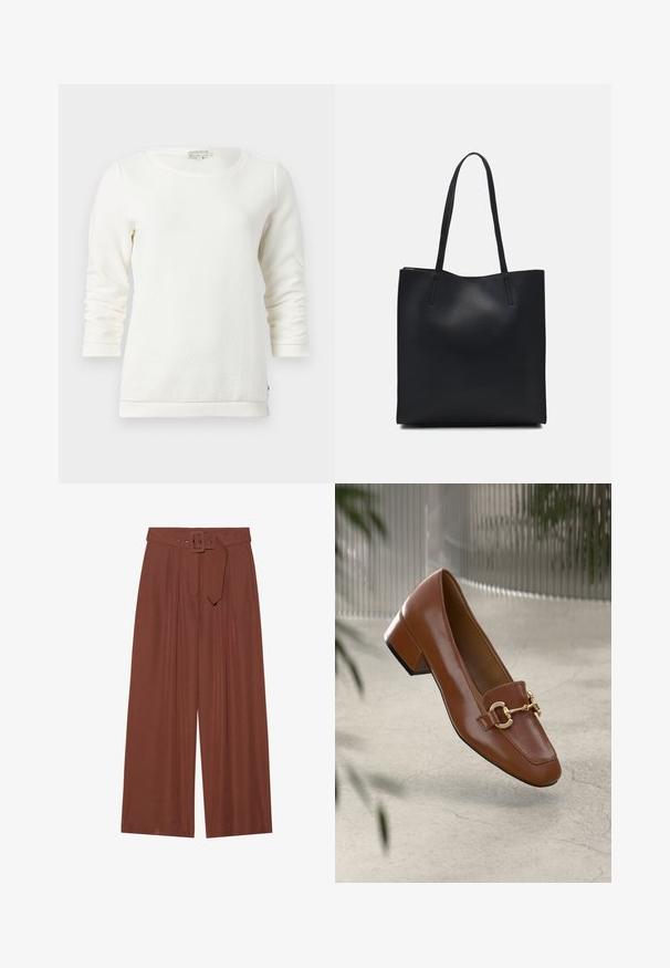 White long-sleeve sweatshirt with a textured pattern, round neckline, and ribbed cuffs. Soft fabric with a relaxed fit.; Wide-leg trousers in brown fabric, featuring a belt with a square buckle, pleated design, and smooth texture.; Brown patent leather loafer with square toe, metallic chain accent, and low block heel; smooth texture, minimalist design.; Black leather tote bag with smooth texture, rectangular shape, and two long handles. No visible hardware or embellishments.