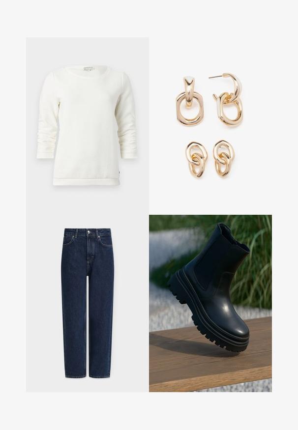 White long-sleeve sweatshirt with a textured pattern, round neckline, and ribbed cuffs. Soft fabric with a relaxed fit.; Dark blue denim jeans with a straight leg, high waist, silver hardware, front pockets, and subtle stitching details. Classic five-pocket design.; Black leather ankle boot with a chunky sole, elasticated side panels, and a smooth finish. Elevated design with contrasting tread detail.; Gold-toned earrings featuring a mix of geometric shapes: a square, circle, and linked oval designs with a polished finish.