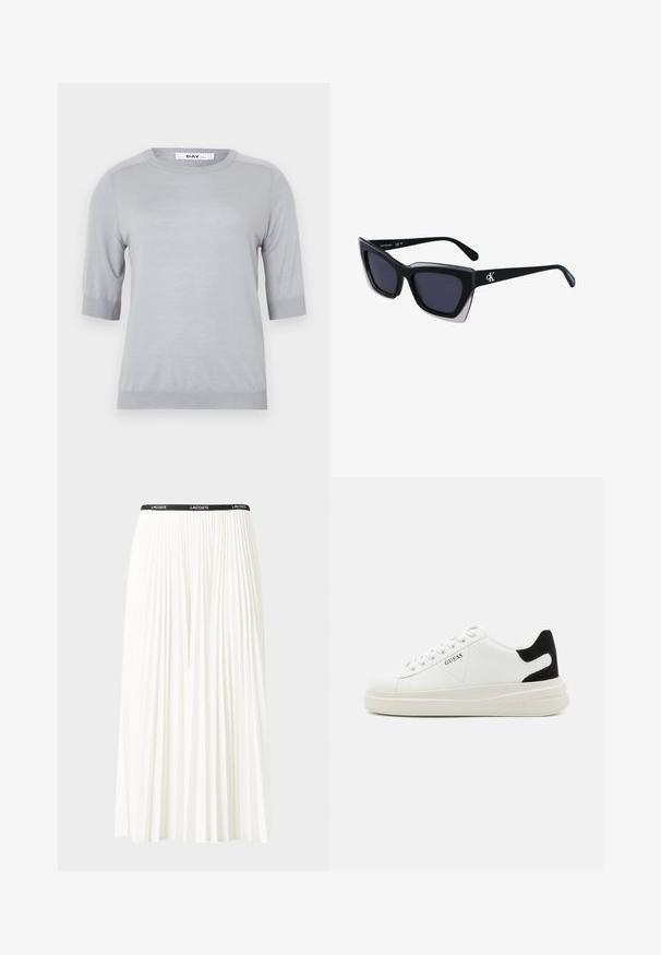 Svetra s kratkimi rokavi v svetlo sivi barvi z okroglo ovratnico in rebrastim robom. Gladka tekstura in preprost dizajn brez vzorcev ali okraskov.; Gubasta bela krila z črnim elastičnim pasom, ki nosi logotip "LACOSTE". Srednje dolga zasnova z mehkobo tkanine.; Bele usnjene športne copate z debelim belim podplatom, črnimi semišnimi detajli na peti in utisnjenim logotipom na strani. Zavezovanje s šestimi luknjicami.; Črne prevelike sončne očala geometrijske oblike, z temnimi lečami in kontrastno sivo podrobnostjo na okvirju. Logo na ročaju.