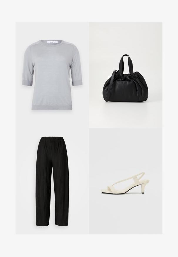 Gai pelēks īsām piedurknēm adīts džemperis ar apaļu kakla izgriezumu un ribinātu apakšmalu. Gluda tekstūra un vienkāršs dizains bez rakstiem vai rotājumiem.; Melni plaši svārki ar krokām un elastīgu jostu. Audumam ir vertikālas krokas un gluda tekstūra.; Beige bloku papēžu sandales ar plānām siksnām un kvadrāta formas purngalu. Gluda materiāla virsma ar minimālām detaļām, paredzētas ērtai nēsāšanai.; Melnas ādas rokassomu ar savākta augšdaļa dizainu, kas aprīkota ar divām īsām rokturiem un garu regulējamu siksnu. Gluda tekstūra, noapaļota forma.