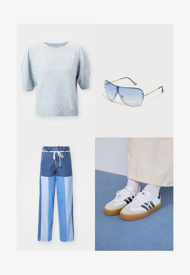 ONLY ONLRICA LIFE PULLOVER - Pulover - light grey; Pantaloni din denim albastru cu un design pe patchwork în nuanțe variate de albastru, cu talie cu șnur și picioare largi, cu croială dreaptă.; Adidași albi cu dungi negre și accente din suede bej. Au talpă din cauciuc texturat și șireturi albe plate, purtați cu șosete de culori deschise.; Ochelari de soare aviator cu lentilă gradient albastră, ramă metalică argintie și accente decorative sub formă de stele pe lentilă. Design neted și elegant.