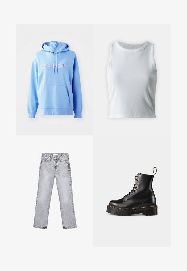 Svetlo modra kapuca iz mehkega blaga, z sprednjim žepom, kapuco s vrvico in vezenim logotipom "carhartt." v roza barvi.; Bela rebrasta majica brez rokavov z okroglo izrezom, s pravo hem in gladko, elastično strukturo.; Sive traperice z ravnim krojem, z obdelanimi detajli, petimi žepi in bakrenimi zakovicami. Pas ima oznako z logotipom.; Črne usnjen lace-up gležnjarje z debelim črnim podplatom in rumenim šivanjem. Imajo zanko na hrbtni strani in okrogle kovinske učke.