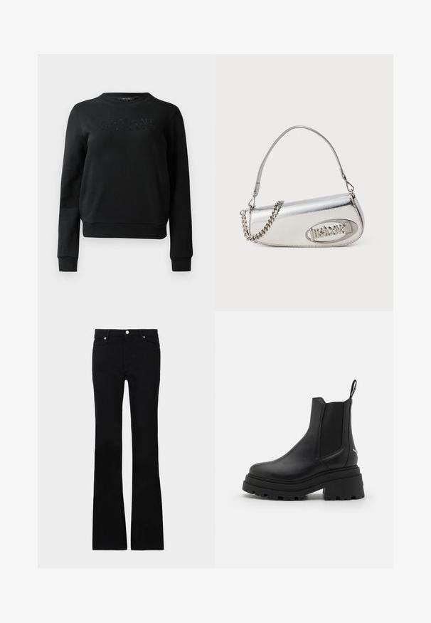 Black sweatshirt made of soft fabric, featuring a ribbed crew neckline and cuffs. The front displays "ARMANI EXCHANGE" in embossed lettering.; Long-sleeve top in a blend of blue, brown, and cream abstract patterns. Soft fabric with a fitted design and high neck.; Black flared jeans made of denim, featuring two front pockets, a button closure, and a smooth texture. Signature stitching visible at seams.; Black chelsea boots made of smooth leather with elastic side panels, a thick, ridged rubber sole, and a pull tab at the back.; Silver metallic handbag with a rounded triangular shape, featuring a logo, chain strap, and smooth texture. Zipper closure on the side.