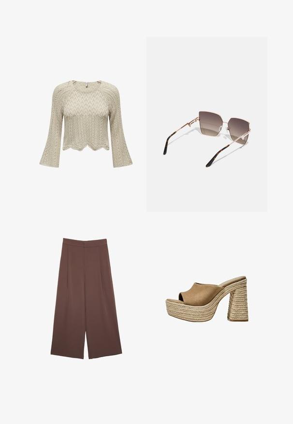 Knit cropped sweater in beige, featuring a scalloped hem, bell sleeves, and a textured chevron pattern throughout.; Brown wide-leg trousers with a smooth texture, featuring a high waist and front pleats. The fabric is lightweight and flows loosely.; Brown suede platform mules with an open toe, featuring a chunky braided jute heel and a smooth, rounded upper design.; Sunglasses with a rose gold metallic frame, angular lenses shaded from dark to light brown, and tortoiseshell pattern on the temples.; Beige leather handbag with a unique shape, featuring two short handles and a long adjustable strap. Smooth texture with minimal hardware.