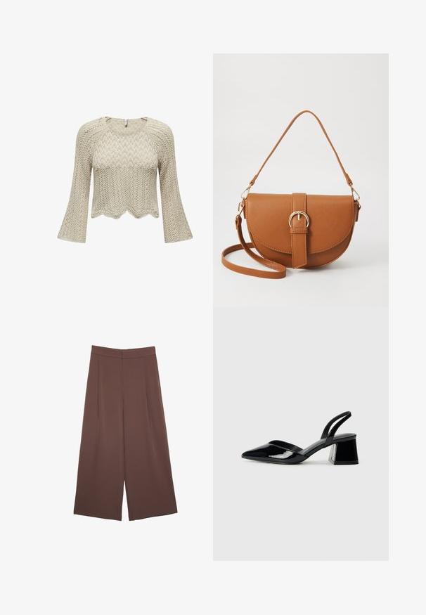 Maglione corto lavorato a maglia in beige, con orlo a scallop, maniche a campana e un motivo a zig-zag testurizzato su tutta la superficie.; Pantaloni ampi marroni con una texture liscia, caratterizzati da una vita alta e pieghe frontali. Il tessuto è leggero e scorre liberamente.; Décolleté in vernice nera con punta affusolata e tacco in geometria cubica. Presentano un design elegante e minimalista, con una texture liscia.; Borsa a tracolla in pelle marrone con forma curvata, hardware dorato e un dettaglio con fibbia. Presenta una tracolla rimovibile.