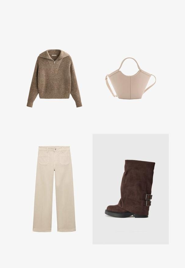 Pullover mit halbem Reißverschluss am Kragen, strukturiertem braunem Strick, gerippten Bündchen und Saum, mit einem gemütlichen, oversized Schnitt und V-Ausschnitt.; Beige weite Hose aus Baumwolle. Mit Reißverschluss, einer vorderen Knopf- und zwei aufgenähten Taschen auf der Rückseite. Sauberer Saum ohne Verzierungen.; Brauner Wildlederschuh mit einem lässigen Design, ausgestattet mit zwei silbernen Schnallen an der Seite und einer flachen schwarzen Gummisohle.; Beige Lederhandtasche mit einer einzigartigen Form, die zwei kurze Henkel und einen langen verstellbaren Riemen aufweist. Glatte Textur mit minimalen Hardware-Elementen.
