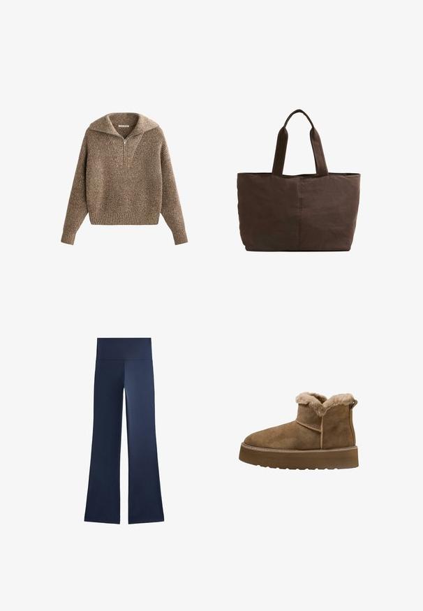Maglione a pullover con colletto a mezza zip, lavorato a maglia marrone testurizzato, polsini e orlo a costine, con una vestibilità ampia e accogliente e scollo a V.; Pantaloni svasati blu navy realizzati in tessuto elasticizzato; presentano una vita alta e ampia e una superficie liscia senza motivi o hardware visibili.; Stivaletti alla caviglia in suede marrone con foderatura in pelliccia sintetica, punta rotonda e suola spessa; presenta una cucitura e un linguetta sul retro.; Borsa a tracolla in tessuto marrone con due manici robusti, forma rettangolare, dettagli di cucitura minimi e una texture liscia.