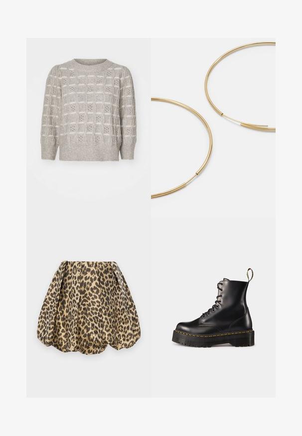 Šviesiai pilkas megztinis su tekstūriniu raštu, turinčiu iškilusias kvadratėles ir atvirus raštus; apvalaus kaklo ir raukiniais baigti rankogaliai bei apatinė dalis.; Sister Jane LOLA SKIRT - Trapecinis sijonas - tan; Juodi odiniai auliniai batai su raišteliais, turintys masyvų juodą pado ir geltoną siūlą. Su nugarinėmis kilpomis ir apvaliais metaliniais akių laikikliais.; Aukso spalvos žiedo auskarai, ploni ir apvalūs, su lygiu metaliniu paviršiumi be papuošimų ar raštų.