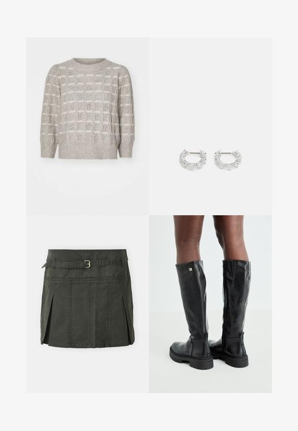 Pulover tricotat de culoare gri deschis, cu un model texturat cu pătrate ridicate și detalii din dantelă; decolteu rotund, cu manșete și tiv ribbed.; Fustă mini de bumbac, verde închis, cu talie ajustată, curea și plisse frontale. Prezintă detalii de cusătură și o croială clasică.; Cizme negre din piele, până la genunchi, cu o textură netedă, vârf rotund, talpă masivă și închidere cu fermoar. Prezintă un logo argintiu pe lateral.; Cercei argintii în formă de cerc, pe care sunt așezate cristale clare, rectangulare și triangulară, dispuse într-un design patterned. Acestora le sunt atașate piese pentru o fixare sigură.