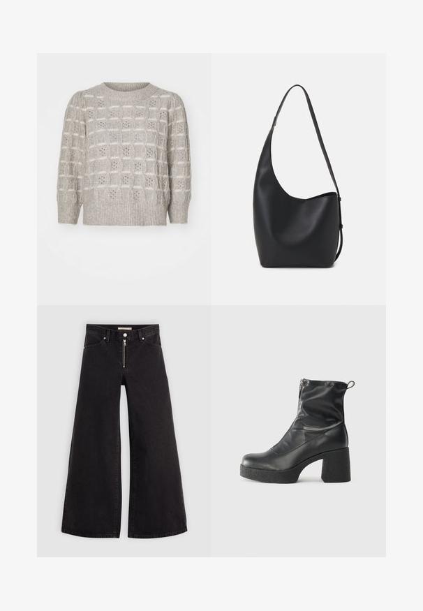 Suéter de malha cinza-claro com um padrão texturizado de quadrados elevados e detalhes de renda; decote arredondado e punhos e bainha canelados.; Calças de ganga de perna larga em denim preto com fecho éclair à frente, design de cinco bolsos e detalhes de costura subtil. Textura suave e estilo casual.; Botas de tornozelo pretas feitas de couro liso, com fecho lateral, salto grosso texturizado e design de bico arredondado.; Saco hobo preto em pele com uma textura lisa, forma curva e uma única alça ajustável; apresenta uma abertura larga na parte de cima.