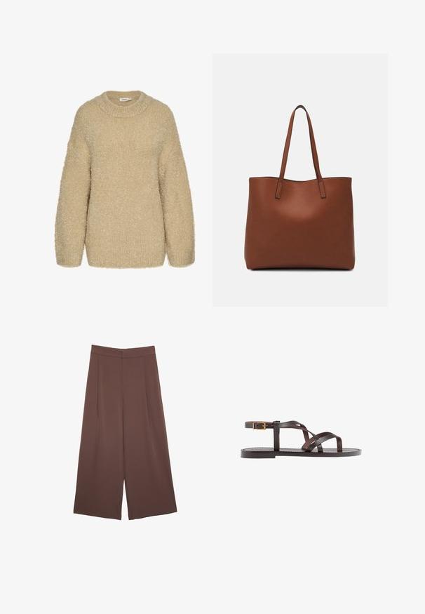 Bežový chlpätý sveter s okrúhlym výstrihom, spadnutými ramenami a mäkkou textúrou. Má voľný strih a rebrované manžety na rukávoch.; Hnedé nohavice so širokými nohavicami a hladkou textúrou, s vysokým pásom a prednými skladmi. Tkanina je ľahká a voľne sa pohybuje.; Hnedé kožené sandály s krížovými popruhmi, uzatváraním na pracku okolo členku a plochou podrážkou s minimálnymi ševmi.; Hnedá kožená taška na rameno s hladkou textúrou, otvoreným vrchom a dvoma ramenými popruhmi. Má minimálne šitia a žiadne viditeľné kovania.