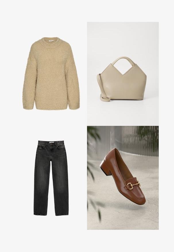 Beżowy, puszysty sweter z okrągłym dekoltem, opadającymi ramionami i miękką teksturą. Posiada luźny krój oraz ściągacze na rękawach.; Czarne dżinsy o luźnym kroju, prostych nogawkach, pięciu kieszeniach i lekko wypłowiałej strukturze. Zapięcie na guzik i suwak z przodu.; Brązowe lakierowane mokasyny z kwadratowym noskiem, metalowym łańcuszkiem i niskim blokowym obcasem; gładka faktura, minimalistyczny design.; Beżowa torebka o wyraźnej strukturze z wklęsłym górnym brzegiem, wykonana z gładkiej skóry, z krótkimi uchwytami oraz długim regulowanym paskiem. Minimalistyczny design.