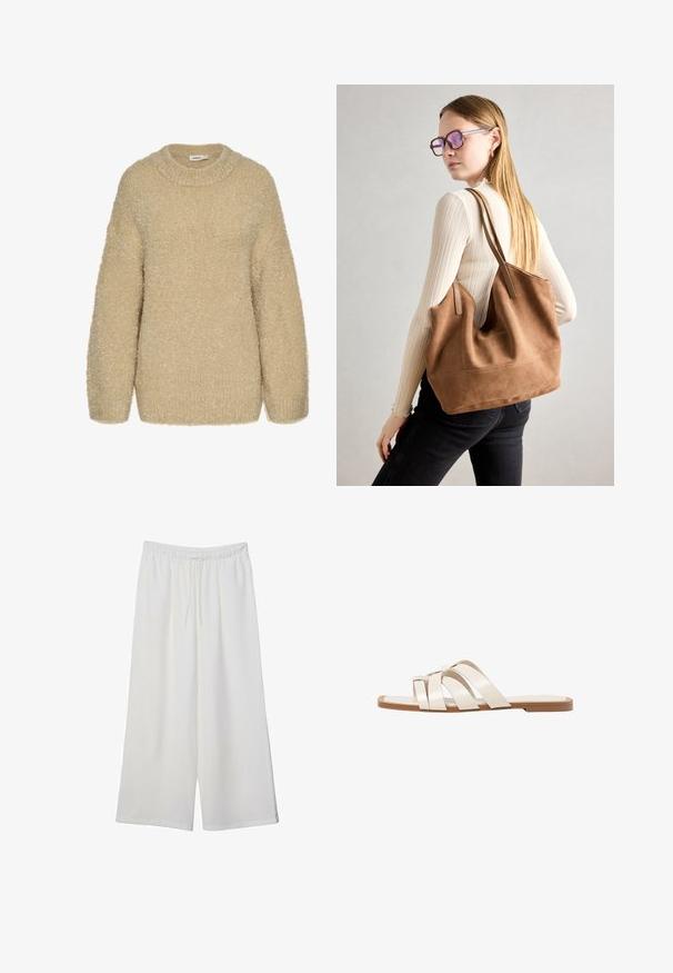 Bežasti pahuljasti pulover s okruglim izrezom, spuštenim ramenima i mekanom teksturom. Ima opušteni kroj i rebraste manšete na rukavima.; Bijele hlače širokog kroja izrađene od lagane tkanine, s elastičnim pojasom i vezicom za prilagodljivu veličinu. Glatka tekstura.; Ravne sandale s smeškom od gume, dizajnirane s tri preklapajuće bele kožne trake i malim detaljem mašne u sredini.; Smeđa suede torba sa mekom teksturom, širokim otvorom i dugim trakama. Ima jednostavan dizajn s vidljivim šavovima i bez hardvera.