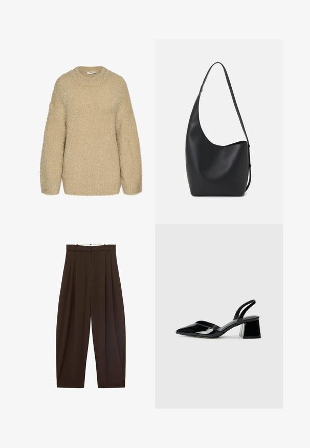 Maglione beige peloso con collo rotondo, spalle cadenti e una texture morbida. Presenta una vestibilità rilassata e polsini a costine sulle maniche.; Pantaloni marroni a vita alta con pieghe, realizzati in tessuto morbido. Vestibilità ampia, design a gamba dritta, dotati di passanti per cintura e chiusura con zip.; Décolleté in vernice nera con punta affusolata e tacco in geometria cubica. Presentano un design elegante e minimalista, con una texture liscia.; Borsa hobo nera in pelle con una superficie liscia, forma curvata e una singola tracolla regolabile; presenta un'ampia apertura nella parte superiore.