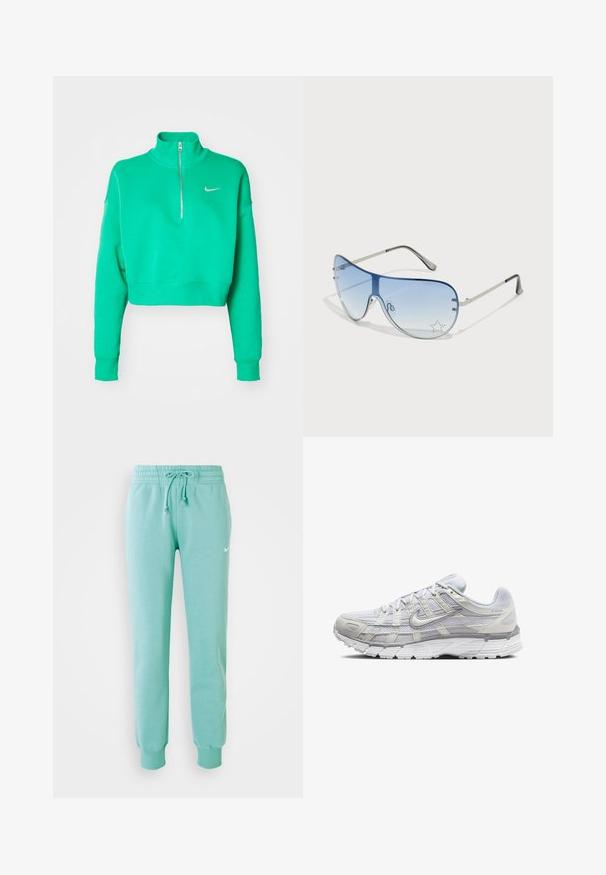 Zeleni skraćeni dukserica s visokim ovratnikom i srebrnim patentnim zatvaračem. Ima mali srebrni Nike logotip na lijevoj strani prsnog dijela. Mekana tekstura tkanine.; Svijetlozelene sweatpants hlače s elastičnim pojasom, vezicom i rebrastim rubovima. Imaju mali bijeli Nike logotip na lijevom bedru.; Svijetlosive atletske cipele s mrežastim i sintetičkim gornjim dijelom, s vezanjem, podstavljenim ovratnikom i teksturiranim potplatom za bolje prianjanje.; Naočale tipa avijatičar s gradijentnim plavim staklima, okvirom od srebrnog metala i dekorativnim zvjezdastim naglascima na staklima. Glatki i elegantni dizajn.