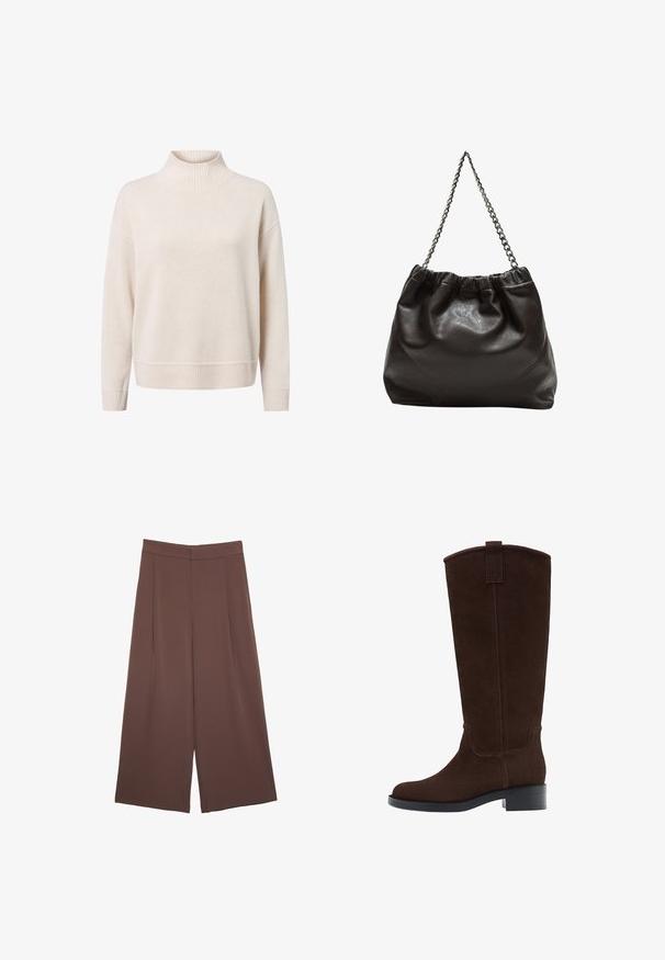 Cremfarbener Strickpullover mit hohem Rippkragen, lockerer Passform und gerippten Bündchen und Saum. Weiche Textur und leichtes Material.; Braune Weite-Leg-Hosen mit einer glatten Textur, hoher Taille und Vorderfalten. Der Stoff ist leicht und fällt locker.; Braune Wildleder-Stiefel bis zum Knie mit runder Fußspitze, dezenten Nähten und einem niedrigen Blockabsatz; verfügen über eine Zuglasche oben für einfaches Anziehen.; Braune Lederhandtasche mit gerafftem Oberteil und Kettenriemen. Glatte Textur mit glänzendem Finish und subtilen Nahtdetails an den Seiten.