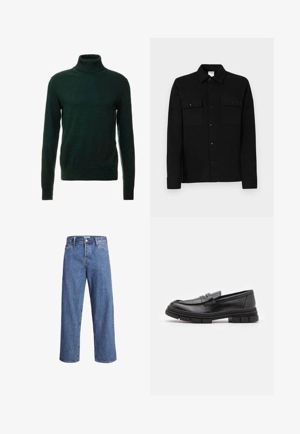 Mørkegrøn turtleneck sweater lavet af et glat strikket stof. Har lange ærmer og en tætsiddende hals. Klassisk design, uden mønstre.; Sort skjorte med knapper lavet af glat stof, med to brystlommer, spidse kravler og knapmanchetter. Enkel design med minimal detaljering.; Lysblå denimjeans med en lige ben-design, høj talje og minimale syninger. Stoffet har en blød, let falmet tekstur.; Sorte læder loafers med en glat finish, der har en frontrem detalje og en kraftig gummisål med rillletaccents.