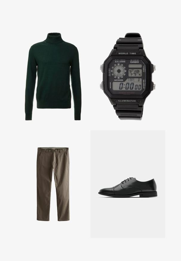 Tamsiai žalia golfo megztinis, pagamintas iš lygaus mezgimo audinio. Su ilgomis rankovėmis ir prigludusia apykakle. Klasikinis dizainas, be raštų.; Rudos medvilnės chinos kelnės su tiesiomis kojomis, priekinėmis kišenėmis ir mygtukų uždarymu. Išsiskiria lygiu paviršiumi ir tvarkingais linijomis.; Juodas odinis džinsinis batų modelis su apvaliu galiuku, raišteliu ir subtiliomis siūlėmis, taip pat žemu kulnu. Lygus pavirčius su blizgiu apdaila.; Skaitmeninis laikrodis su juodu gumuotas dirželiu, stačiakampiu korpusu ir lęšiu. Rodo laiką, pasaulinį laiką žemėlapį, ir turi mygtukus žadintuvui bei šviesai.