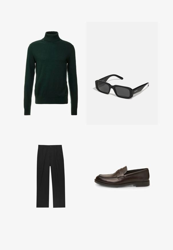Sötétzöld magasnyakú pulóver sima kötött anyagból készült. Hosszú ujjakkal és szoros nyakkal rendelkezik. Klasszikus dizájn, minta nélkül.; Fekete nadrág egyenes szárú kialakítással, sima anyagból készült. Elöl redők és egy gombos záródás található a derékon.; Barna bőr loaferek sima textúrával, lekerekített orral és varrási részletekkel. Alacsony, réteges sarkuk van, és slip-on kivitel.; Arnette THEKIDD UNISEX - Napszemüvegek - black; Timex óra fehér számlappal, fekete arab számokkal és aranyszínű tokal. Jellemzője egy barna bőrszíj krokodilmintás felülettel és dátumnéző ablak.