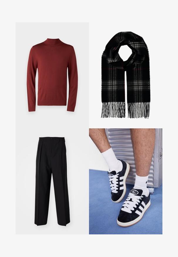 Röd polotröja i mjukt stickat material, med långa ärmar, ribbade muddarna och kragen, samt en jämn och slät yta.; Svarta plisserade byxor med en rak, bred bendesign. Tillverkade av ett slätt tyg, med knäppning fram och bälteshällor.; Svarta mockaskor med vita snören och tre vita ränder. Har en rund svart logotyp på tungan och en gumminnedgummisula.; Svart och grått rutigt scarf med röda detaljer, fransade kanter, mjuk textur, rektangulär form, lämplig för kallt väder.