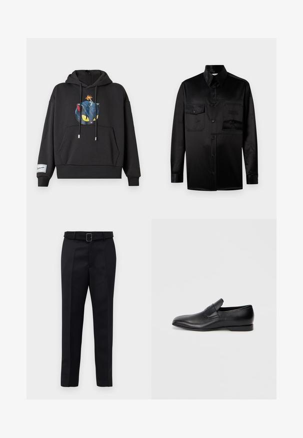 Czarna hoodie z grafiką niebieskiego kota z żółtymi oczami i bombą na głowie. Zawiera kieszeń z przodu i ściągacz u dołu.; Czarna koszula z długim rękawem, wykonana z gładkiego materiału. Posiada wyprofilowany kołnierz, zapięcie na guziki z przodu oraz dwie kieszenie na piersi z klapką.; Czarne dopasowane spodnie charakteryzują się gładkim materiałem, prostym krojem oraz paskiem w talii z prostokątną klamrą. Wyróżniające się przednie pliski podkreślają design.; Czarne skórzane buty wsuwane z ostrym noskiem, gładką fakturą i subtelnym logo z boku. Niski obcas z czystym, minimalistycznym designem.