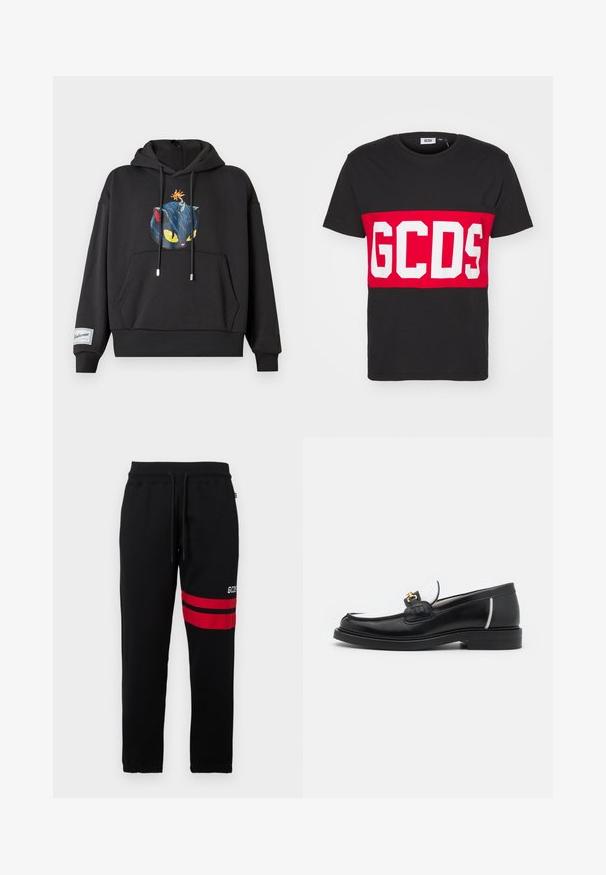 Sudadera negra con capucha que presenta un gráfico de un gato azul con ojos amarillos y una bomba en la cabeza. Incluye un bolsillo frontal y dobladillo acanalado.; GCDS BAND LOGO REGULAR - Camiseta estampada - black; Pantalones de chándal negros con rayas rojas de contraste y logo en el lateral. Cuenta con una cinturilla elástica con cordón y puños en los tobillos ajustados.; Mocasín de piel negra con punta redondeada, acentos en blanco y herrajes dorados en la parte superior. Presenta un parche texturizado y un tacón apilado.