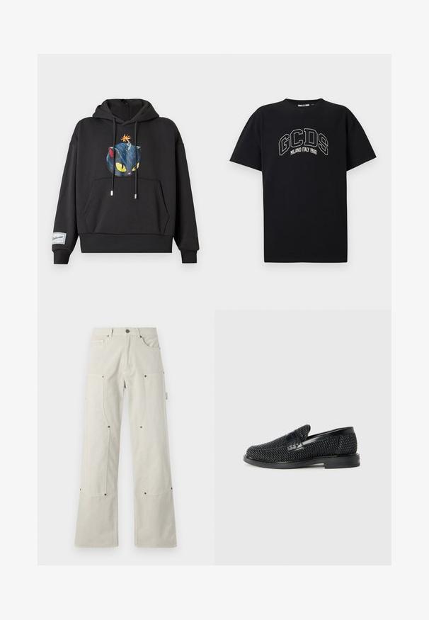 Hoodie noir avec un graphique d'un chat bleu aux yeux jaunes et une bombe sur la tête. Comprend une poche avant et un ourlet côtelé.; T-shirt en coton noir à manches courtes. Présente un logo GCDS blanc et le texte "MILANO ITALY 1988" en arc. Coupe standard et col rond.; Pantalons larges de couleur beige clair en coton, au tissu lisse, dotés de poches à rabat et d'accents en métal.; Chaussure slip-on tissée noire avec un accent en cuir lisse sur le dessus, un design à bout rond et une semelle en caoutchouc à profil bas.