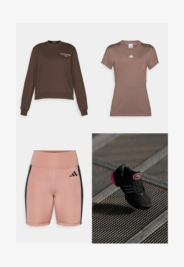 Björn Borg ESSENTIAL CREW - Sweatshirt - demitasse; adidas Performance T-skjorte til trening - earth strata/white; Rosa treningsshorts med høy midje, laget av elastisk materiale. Har svarte sidelister og Adidas-logoen på venstre side.; Svart atletisk sko med mesh-overdel, rosa detaljer og svarte stripete detaljer. Har en teksturert såle og en logomerke på hælen.
