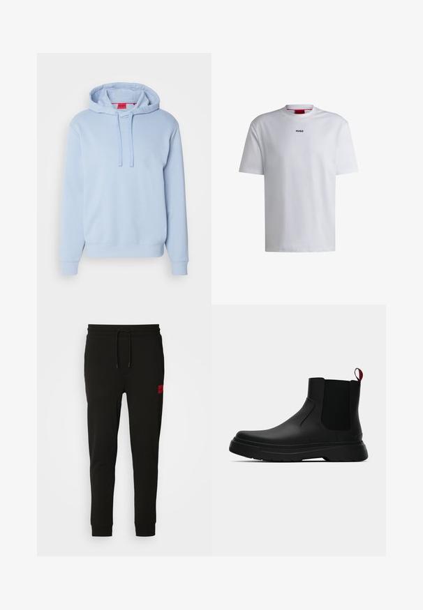 Helleblaue Kapuzenjacke aus weichem Stoff, mit einer Kordelzugkapuze, gerippten Bündchen und einem kleinen Logo auf der Brust. Einfaches Design.; Weißes Baumwoll-T-Shirt mit kurzen Ärmeln, rundem Halsausschnitt und einem schwarzen "HUGO"-Logo auf der Brust. Glatte Textur, lässige Passform, kein Muster.; Schwarze Sweatpants aus weichem Stoff, mit einem Kordelzugbund, schmaler Passform und einem rotenLOGO-Patch am linken Oberschenkel.; Schwarze Knöchelstiefel mit glatter Oberfläche, elastischen Seitenpaneelen und einem kontrastierenden roten Zuglasche, ausgestattet mit einer dicken Gummisohle und einer runden Zehenpartie.