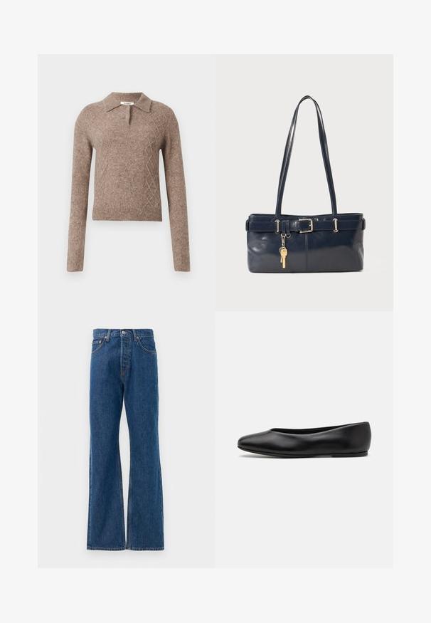 Brauner Wollpullover mit Kragen, der ein Rautenmuster und lange Ärmel hat, mit gerippten Bündchen und Saum.; Gestreifte Bluse mit weißem Grund, versehen mit schmalen, mehrfarbigen Linien in Blau, Orange und Grün. Lange Ärmel und klassischer Kragen.; Blaue, ausgestellte Jeans aus Denim mit hoher Taille, fünf Taschen, silbernem Knopfverschluss und sichtbaren Nähten.; Paul Smith TOPANGA - Klassischer Ballerina - black; Marineblaue Lederhandtasche mit zwei langen Griffen, einer Schnallen-Detailierung und einem daran befestigten Schlüsselanhänger. Besitzt eine glatte Textur und eine rechteckige Form.