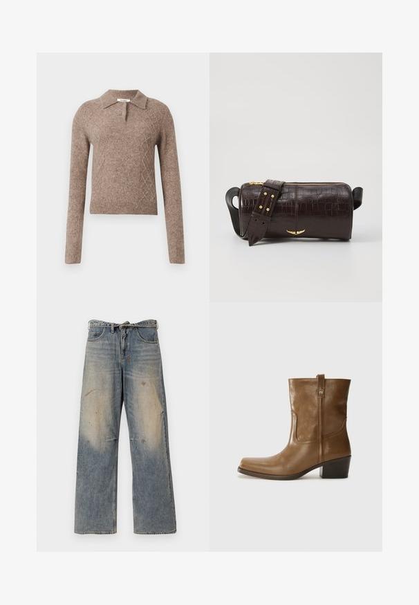 Maglione in lana marrone con colletto, caratterizzato da un motivo a rombi e maniche lunghe, rifinito con polsini e orlo a costine.; Jeans in denim azzurro chiaro con una vestibilità ampia e gambe dritte. Presentano effetti di usura, scolorimento e dettagli strappati vicino alle ginocchia. Stile classico a cinque tasche.; Stivale alla caviglia in pelle marrone con punta quadrata, finitura testurizzata e tacco basso incassato. Dotato di un pratico tassello posteriore e dettagli di cucitura sottili.; Borsa in pelle stampata a coccodrillo marrone con forma cilindrica, accessori in tonalità oro e una tracolla staccabile con borchie.