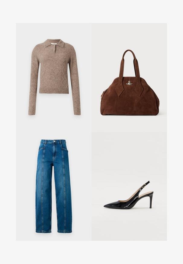 Suéter de lana marrón con cuello tipo camisa, que presenta un patrón de rombos y mangas largas, terminado con puños y dobladillo acanalados.; Jeans de mezclilla azul de talle alto con piernas anchas, costuras verticales frontales, bolsillos laterales, trabillas para cinturón y cierre de botón.; Zapatos de charol negro con tirante al tobillo, punta afilada, tacón delgado y un diseño de corte sutil. Presenta una hebilla dorada en la correa.; Bolso de ante marrón con una forma estructurada, cuerpo redondeado y asas alargadas en forma de diamante. Presenta un cierre de hardware plateado.