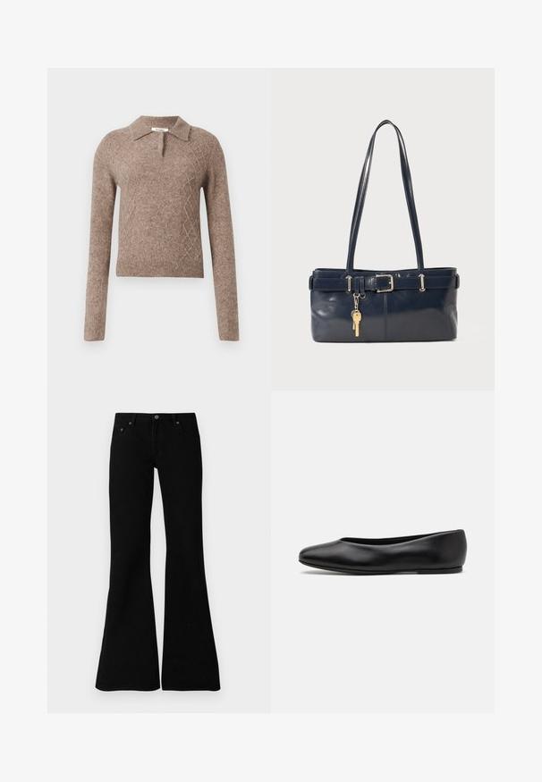 Bruine wollen trui met een kraaghalslijn, voorzien van een ruitpatroon en lange mouwen, afgewerkt met geribbelde manchetten en onderrand.; Zwarte flare jeans van denim, met een klassiek vijf-pocket ontwerp, knoopsluiting en subtiele stiksels langs de naden.; Paul Smith TOPANGA - Ballerina's - black; Marine leren handtas met twee lange hengsels, een gespdetail en een sleutelhanger eraan bevestigd. Heeft een gladde textuur en een rechthoekige vorm.