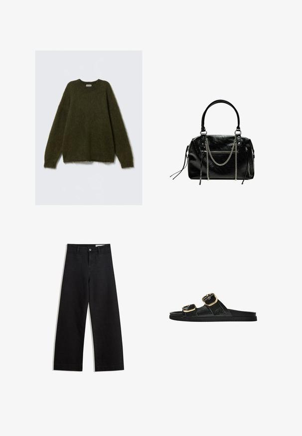 Zielony sweter z mieszanki moheru z długimi rękawami, okrągłym dekoltem i puszystą teksturą, o luźnym kroju i bez widocznych zapięć.; Czarne dżinsowe spodnie o szerokich nogawkach i wysokim stanie, z przednimi i tylnymi kieszeniami, przeszyciami oraz zapięciem na guziki. Gładka struktura.; Czarne klapki z dwoma złotymi klamrami, gładki materiał, płaska podeszwa i minimalistyczny design.; Bershka - Torebka