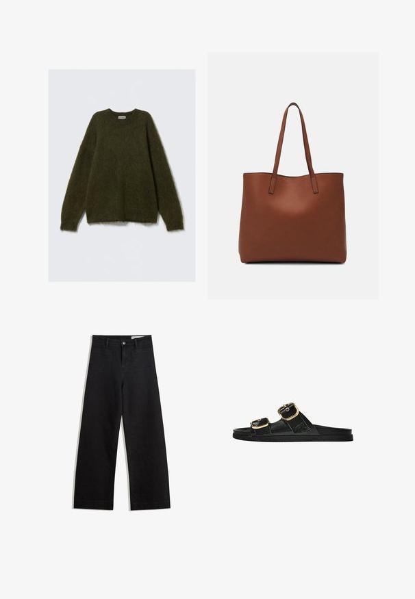 Grüner Mohair-Mix-Pullover mit langen Ärmeln, Rundhalsausschnitt und flauschiger Textur, mit lockerem Schnitt und ohne sichtbare Verschlüsse.; Schwarze weit geschnittene Jeans mit hoher Taille, ausgestattet mit Vorder- und Hintertaschen, gesteppten Nähten und einem Knopfverschluss. Glatte Textur.; Schwarze Riemensandale mit zwei goldenen Schnallendetails, glattem Material, flachem Sohlen und minimalistischer Gestaltung.; Braune Leder-Tote mit glatter Textur, offenem Oberteil und zwei Schulterriemen. Verfügt über minimale Nähte und keine sichtbaren Beschläge.