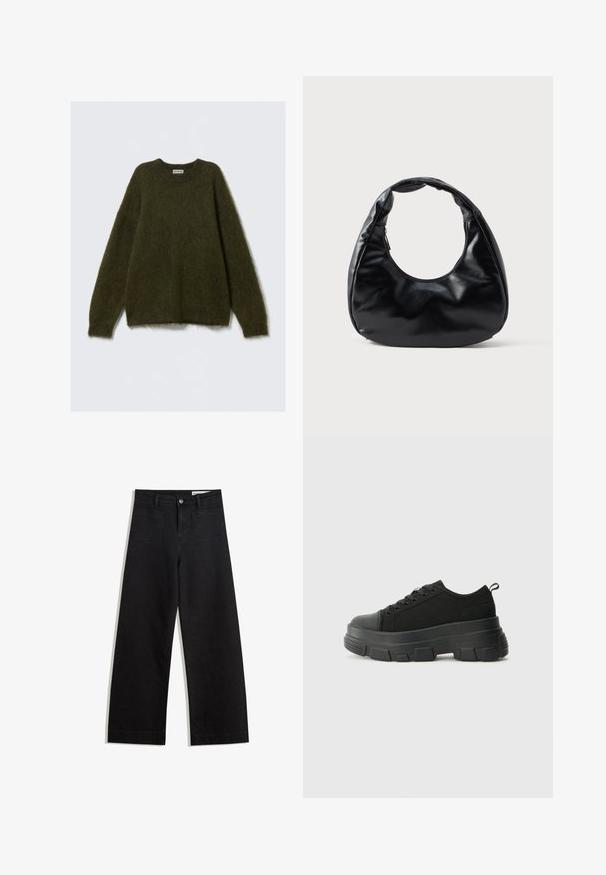 Grüner Mohair-Mix-Pullover mit langen Ärmeln, Rundhalsausschnitt und flauschiger Textur, mit lockerem Schnitt und ohne sichtbare Verschlüsse.; Schwarze weit geschnittene Jeans mit hoher Taille, ausgestattet mit Vorder- und Hintertaschen, gesteppten Nähten und einem Knopfverschluss. Glatte Textur.; Schwarze Sneakers mit einer dicken Gummisohle, strukturiertem Obermaterial, runder Zehenpartie und Schnürdesign. Verfügt über verstärkte Ösen und eine Schlaufe an der Rückseite.; Schwarze Kunstleder-Handtasche mit einzigartiger Halbmondform, einem breiten, gepolsterten Henkel und einem Reißverschluss. Glatte, glänzende Textur, minimalistisches Design.