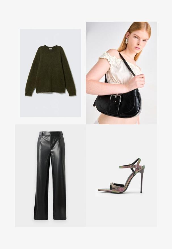 Groene trui van een mohairmix met lange mouwen, ronde hals en een pluizige textuur, met een relaxte pasvorm en geen zichtbare sluitingen.; Zwarte leren wijde broek met een gladde textuur, voorzien van een middelhoge tailleband en subtiele plooilijnen aan de voorkant.; Hoge hakken sandaal met een multifunctioneel, textuur snake print in verschillende kleuren. Voorzien van verstelbare enkelbandjes en een puntige neus ontwerp.; Zwarte leren schoudertas met een gebogen vorm, gepolijste zilveren hardware en een afneembare label. Gladde textuur met subtiele stikdetails.