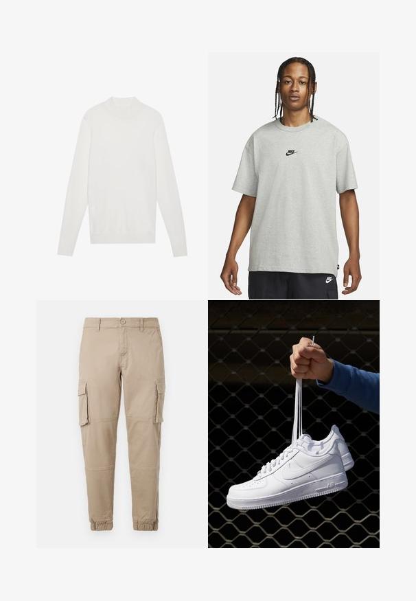 Hvid pullover sweater med høj halsudskæring, lange ærmer og ribbede manchetter og kant. Fremstillet af et blødt strikket stof. Simpelt og tætsiddende design.; Ung person med fletninger iført en lys grå Nike T-shirt og sorte Nike shorts mod en ensfarvet hvid baggrund.; Beige cargo bukser i et letvægts bomuldsstof. Har elastiske manchetter, flere sidelommer og en knaplukning.; Hvide lædersneakers med perforeringer, rund tå, flad sål og tykke snørebånd, med et synligt swoosh-logo og "AIR" på hælen.