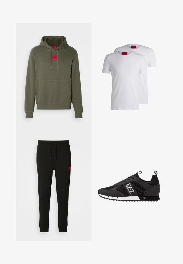 HUGO DARATSCHI - Mikina s kapucí - dark beige; Dvé jednoduché bílé trička s krátkým rukávem a kulatým výstřihem, vyrobená z bavlny, s červenou visačkou HUGO na límci. Bez vzorů nebo grafik.; Černé teplákové kalhoty vyrobené z měkké tkaniny, s elastickým pasem na šňůrku, úzkým střihem a červenou nášivkou loga na levém stehně.; EA7 Emporio Armani LACES UNISEX - Tenisky - black/white