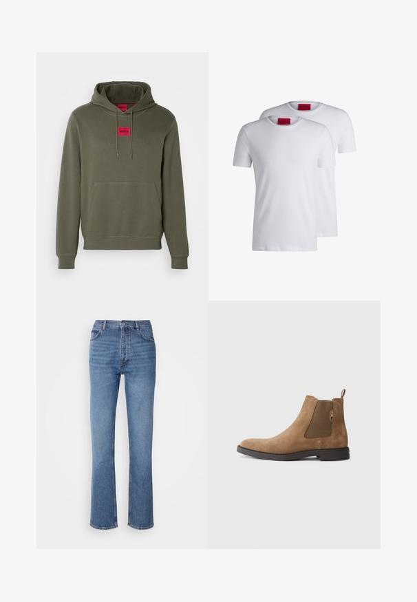 HUGO DARATSCHI - Kapuzenpullover - dark beige; Zwei schlichte weiße T-Shirts mit Rundhalsausschnitt, Kurzarm, aus Baumwolle, mit einem roten HUGO-Label am Ausschnitt. Keine Muster oder Grafiken.; Blaue Denim-Jeans mit hoher Taille, geradem Bein und dezenter Ausbleichung. Verfügt über einen klassischen Fünf-Taschen-Stil und einen Reißverschluss.; Braune Wildleder Chelsea-Stiefel mit elastischen Seitenpaneelen und einer Schlaufe. Verfügt über eine runde Zehenpartie und eine flache Gummisohle für Stabilität.