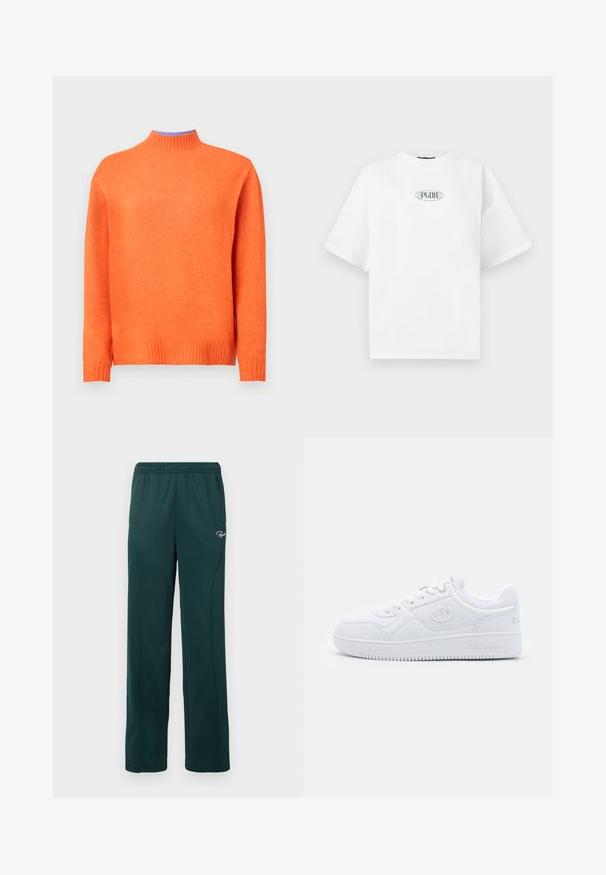 Oranžový pletený svetr s vysokým límcem, žebrovanými manžetami a lemem, hladkou texturou a volným střihem.; Bílé tričko s krátkým rukávem vyrobené z bavlny, se zeleným grafickým logem uvnitř oválného tvaru umístěným na středu hrudi.; Temně zelené tepláky vyrobené z měkké látky, s elastickým pasem a bočními švy, s malým logem na přední straně.; Bílé tenisky vyrobené z hladkého syntetického materiálu, s kulatou špičkou, plochou podrážkou a jemnými logo akcenty po stranách. Klasický design nízkých tenisek.