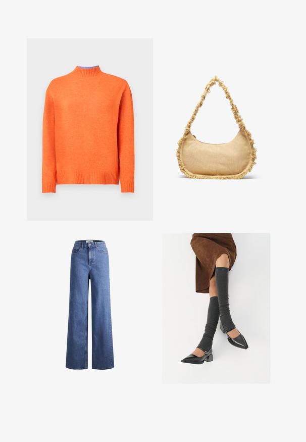 Orange strikket sweater med høj hals, ribbet manchetter og kant, med en glat tekstur og en afslappet pasform.; Lyseblå denim brede bukser med høj talje, to frontlommer og synlige stikninger. Har en knap- og lynlåslukning.; Sorte patenterede lædersko med spids tå, blokhæl og ankelrem, kombineret med grå ribbede benvarmere og en brun ruskinds nederdel.; Struktureret beige taske med en rund form, frynset kant langs kanterne og en kort rem til at bære. Lynlåsåbning på toppen.