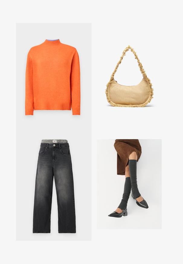 Orange knit sweater featuring a high neck, ribbed cuffs and hem, with a smooth texture and a relaxed fit.; Black denim wide-leg jeans with a houndstooth patterned waistband. Features include front pockets and a button closure. Distressed texture.; Black patent leather pointed-toe shoes with a block heel and ankle strap, paired with gray ribbed leg warmers and a brown suede skirt.; Textured beige bag with a rounded shape, frayed trim along the edges, and a short strap for carrying. Zippered opening at the top.