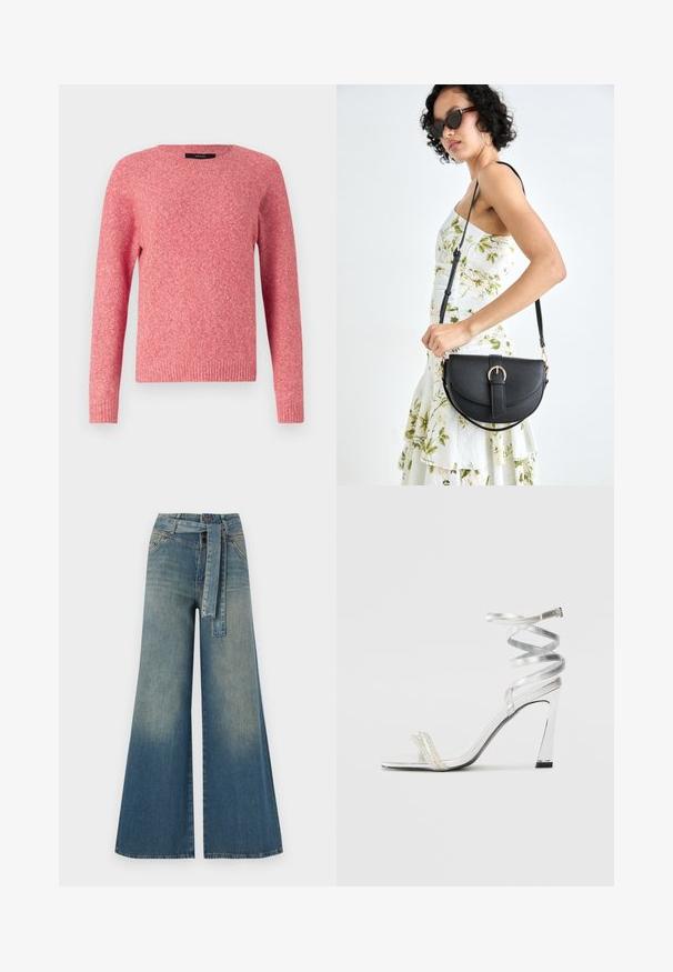 Piros kötött pulóver kerek nyakkivágással és hosszú ujjakkal. Texturált anyaggal rendelkezik, bordás mandzsettákkal és aljjal.; Bőszárú farmernadrág, világos és sötétkék árnyalatokkal, magas derekú, övgyűrűkkel és a nadrággal megegyező anyagú övvel. Textúrált farmer kivitel.; Ezüst színű, magas sarkú szandál, csillogó pánt dizájnnal, gyöngyszerű díszítéssel és spirális bokapánttal a biztos illeszkedés érdekében.; Fekete bőrtáska ívelt formával, levehető pánttal és arany színű fémrészekkel. A táskán egy csattal díszített fedél található.