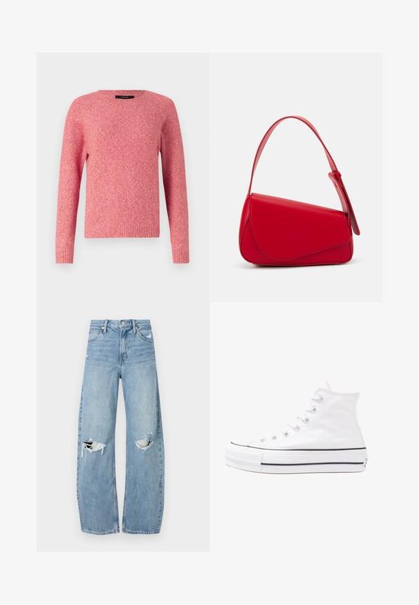 Punainen neulepaita, jossa on pyöreä kaula-aukko ja pitkät hihat. Siinä on teksturoitu kangas sekä resorit hihansuissa ja helman suussa.; Vaaleansiniset, korkeavyötäröiset farkut, jotka on valmistettu denimmateriaalista. Ominaisuuksiin kuuluvat leveät lahkeet, kaksi revittyä polvialuetta ja klassinen viiden taskun tyyli.; Valkoiset korkeavartiset kangaskengät mustalla kumipohjalla, edessä kuminen varvasosa ja kuusi nauha-aukkoa, puhtaan minimalistisella muotoilulla.; Punainen nahkalaukku, jossa on kulmikas, geometrinen muotoilu. Varustettu yhdellä säädettävällä hihnalla ja läpällä, jossa on ommeltu yksityiskohtia.