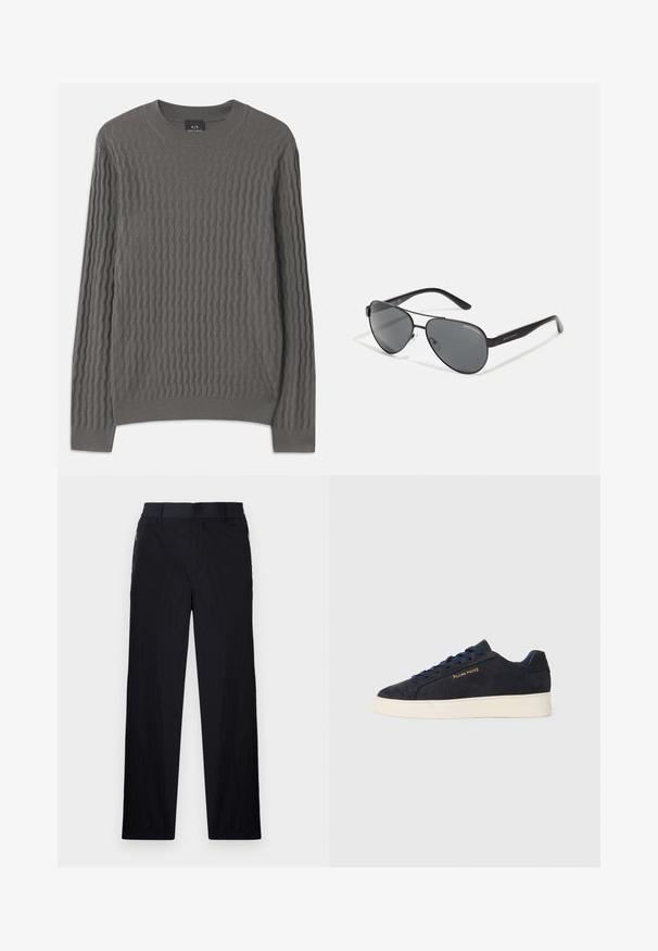 Armani Exchange Vesta - dark gull zig zag; Crne hlače od lagane, teksturirane tkanine, ravnog kroja, s elastičnom gumicom u struku i bočnim džepovima sa zatvaračem.; Navy plave sačmene niske tenisice s bijelim potplatom, mornarskim vezicama i "Filling Pieces" logotipom u zlatnoj boji sa strane.; Crne avijatorske sunčane naočale s tamnim staklima, tankim metalnim okvirom i vitkim plastičnim drškama koje imaju akcentuirane logotipe.